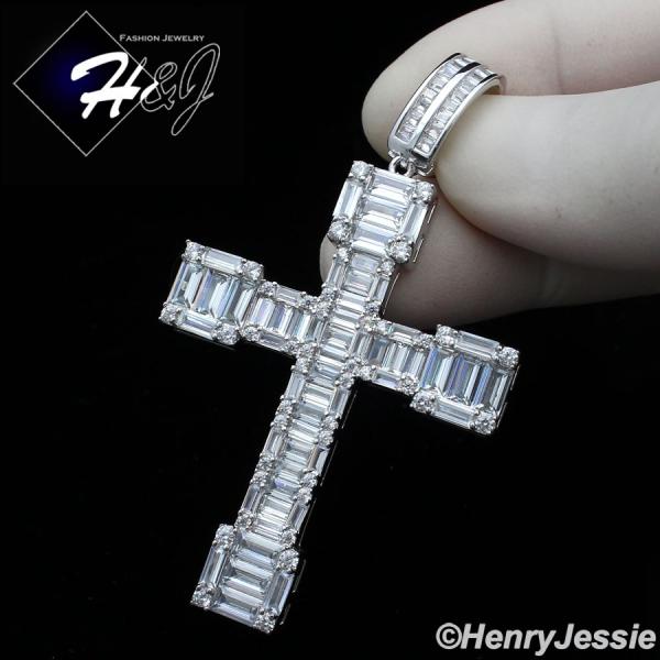 MEN 925 STERLING SILVER ICY BAGUETTE DIAMOND SILVER 3D CROSS CHARM PENDANT*SP340