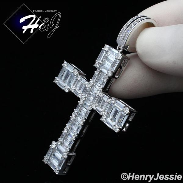 MEN 925 STERLING SILVER ICY BAGUETTE DIAMOND SILVER 3D CROSS CHARM PENDANT*SP340