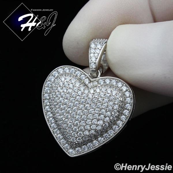 MEN WOMEN 925 STERLING SILVER ICY DIAMOND BLING 3D SILVER HEART SHAPE PENDANT*SP341