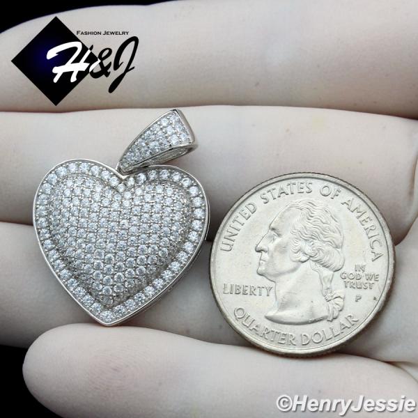 MEN WOMEN 925 STERLING SILVER ICY DIAMOND BLING 3D SILVER HEART SHAPE PENDANT*SP341