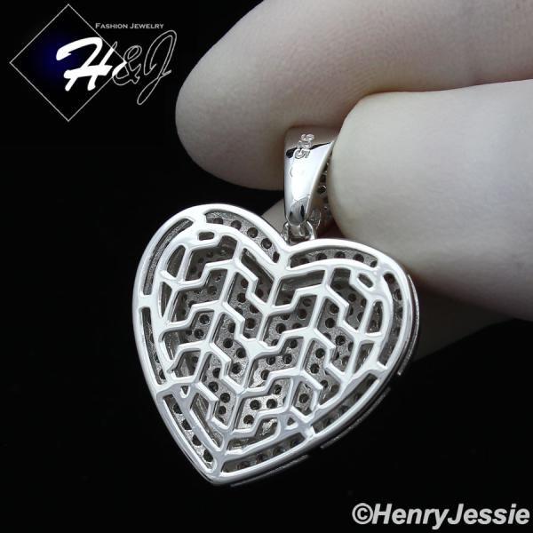 MEN WOMEN 925 STERLING SILVER ICY DIAMOND BLING 3D SILVER HEART SHAPE PENDANT*SP341