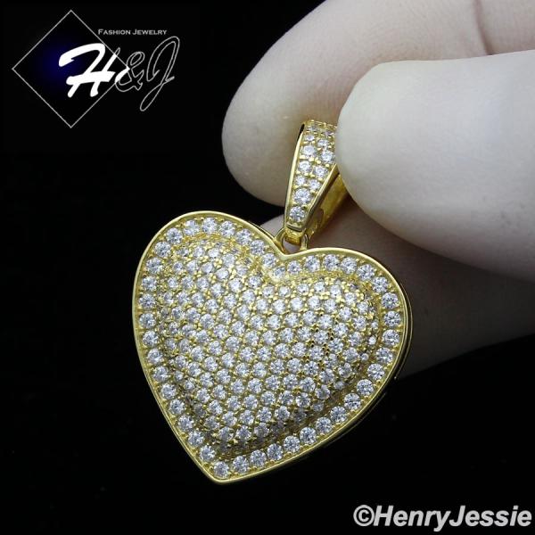 MEN WOMEN 925 STERLING SILVER ICY DIAMOND BLING 3D GOLD HEART SHAPE PENDANT*GP341