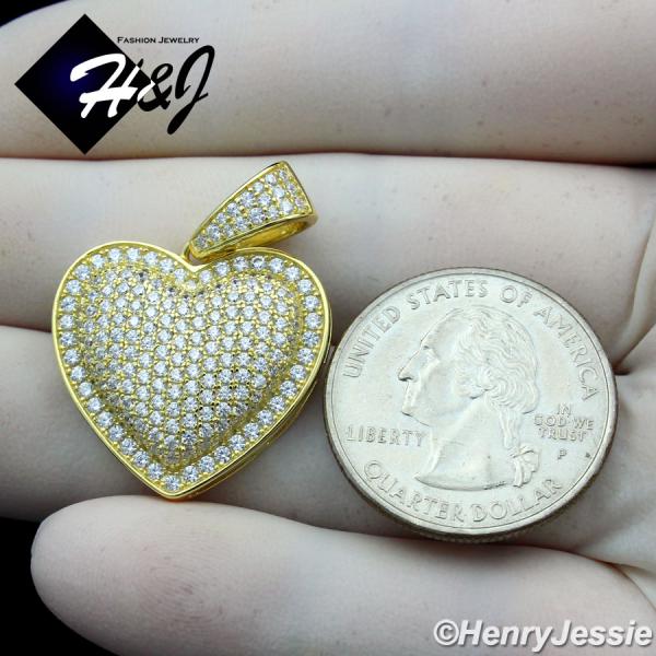 MEN WOMEN 925 STERLING SILVER ICY DIAMOND BLING 3D GOLD HEART SHAPE PENDANT*GP341