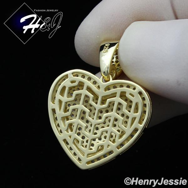 MEN WOMEN 925 STERLING SILVER ICY DIAMOND BLING 3D GOLD HEART SHAPE PENDANT*GP341