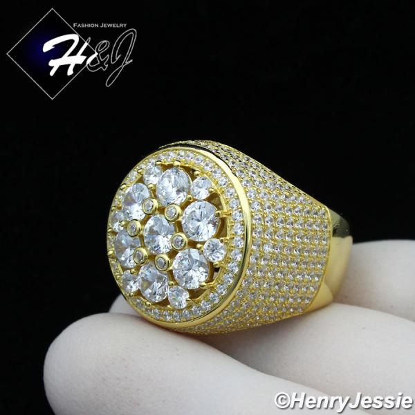 MEN 925 STERLING SILVER LAB DIAMOND ICED BLING 3D GOLD ROUND RING*SR157