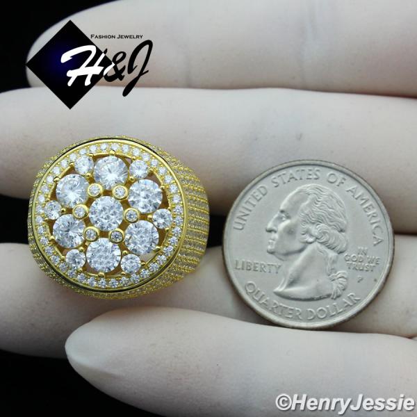 MEN 925 STERLING SILVER LAB DIAMOND ICED BLING 3D GOLD ROUND RING*SR157