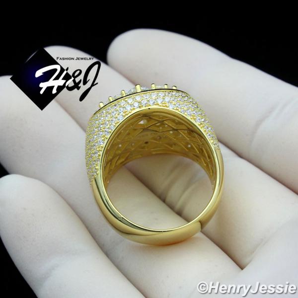 MEN 925 STERLING SILVER LAB DIAMOND ICED BLING 3D GOLD ROUND RING*SR157