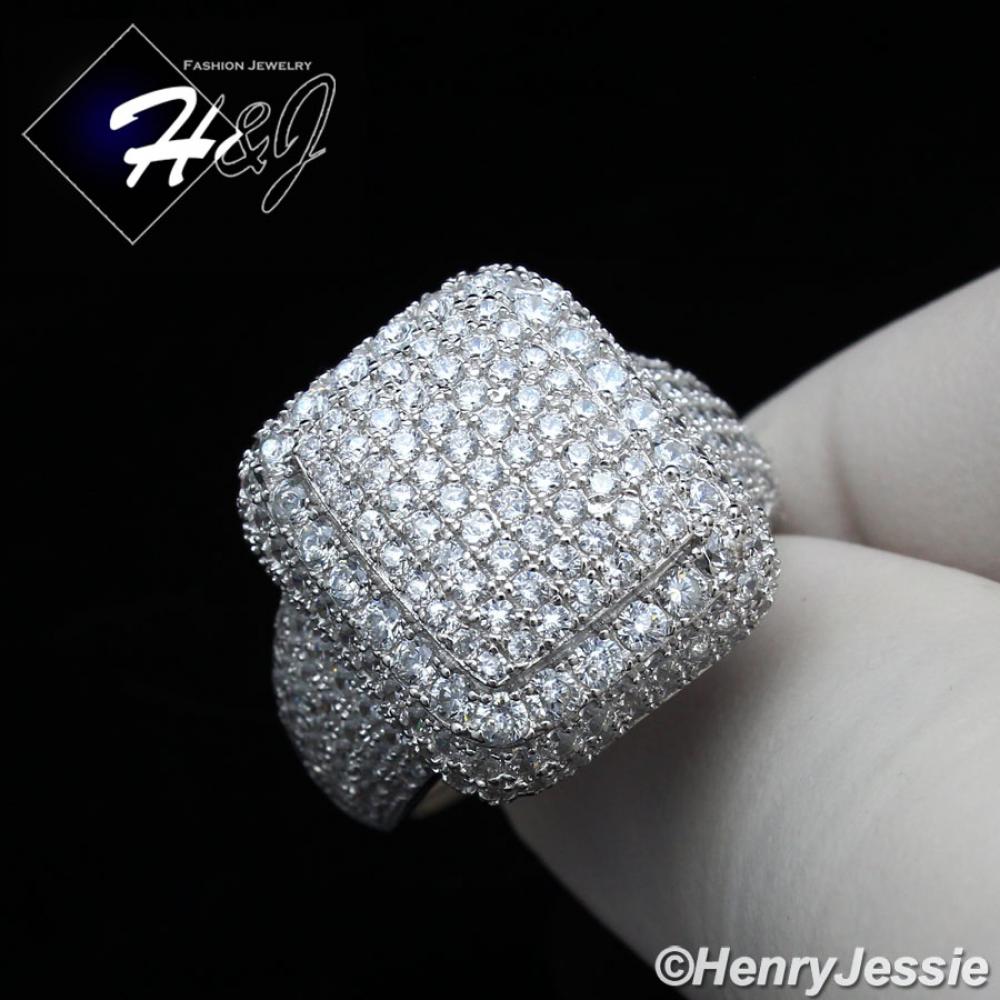 MEN WOMEN 925 STERLING SILVER ICY DIAMOND RECTANGLE BLING RING*SR110