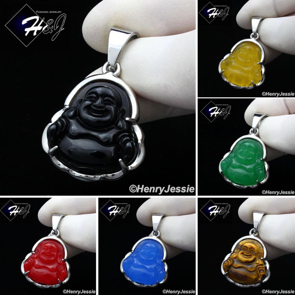 MEN WOMEN Stainless Steel Jade/Onyx/Blue/Pink/White Gemstone Silver Buddha Pendant*P123