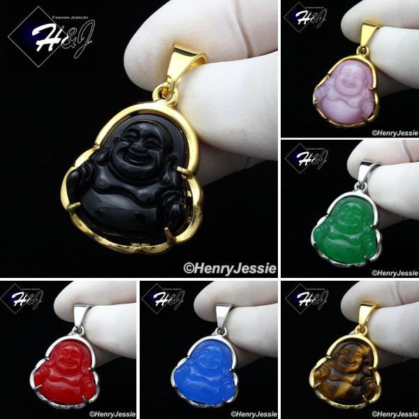 MEN WOMEN Stainless Steel Jade/Onyx/Blue/Pink/White Gemstone Gold Buddha Pendant*GP123
