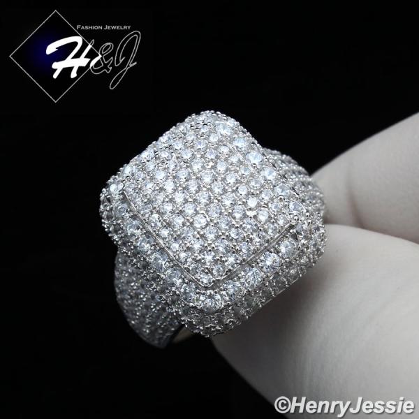 MEN WOMEN 925 STERLING SILVER ICY DIAMOND RECTANGLE BLING RING*SR110