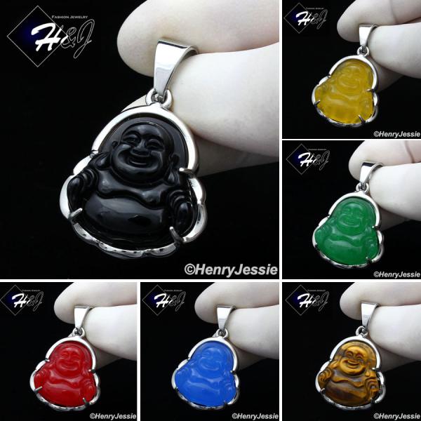MEN WOMEN Stainless Steel Jade/Onyx/Blue/Pink/White Gemstone Silver Buddha Pendant*P123