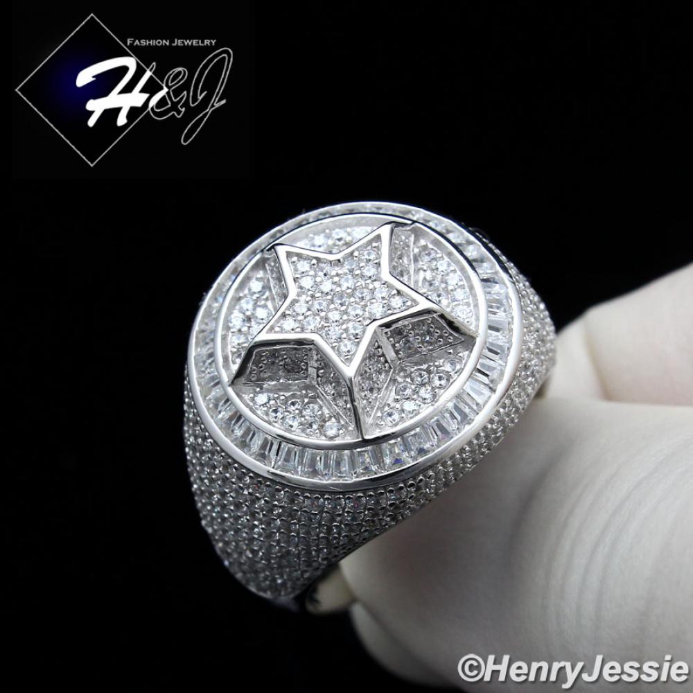 MEN 925 STERLING SILVER ICY DIAMOND BLING 3D STAR SILVER ROUND RING*SR172