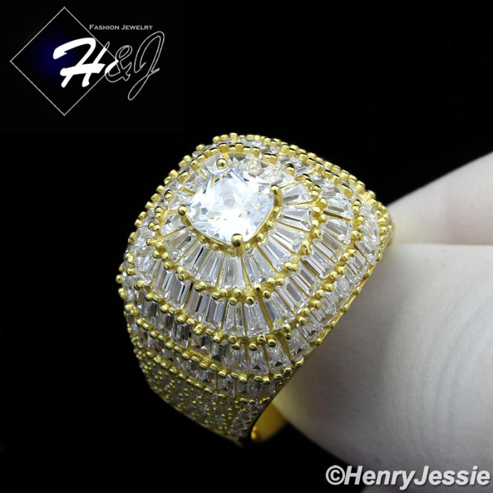 MEN 925 STERLING SILVER ICY BAGUETTE DIAMOND BLING 3D GOLD SQUARE RING*SR173