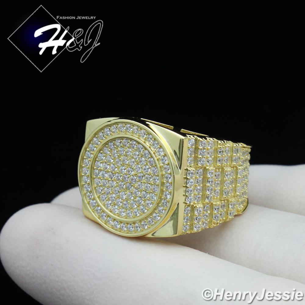 MEN 925 STERLING SILVER FUL ICY DIAMOND BLING GOLD 3D WATCN STYLE RING*GR175