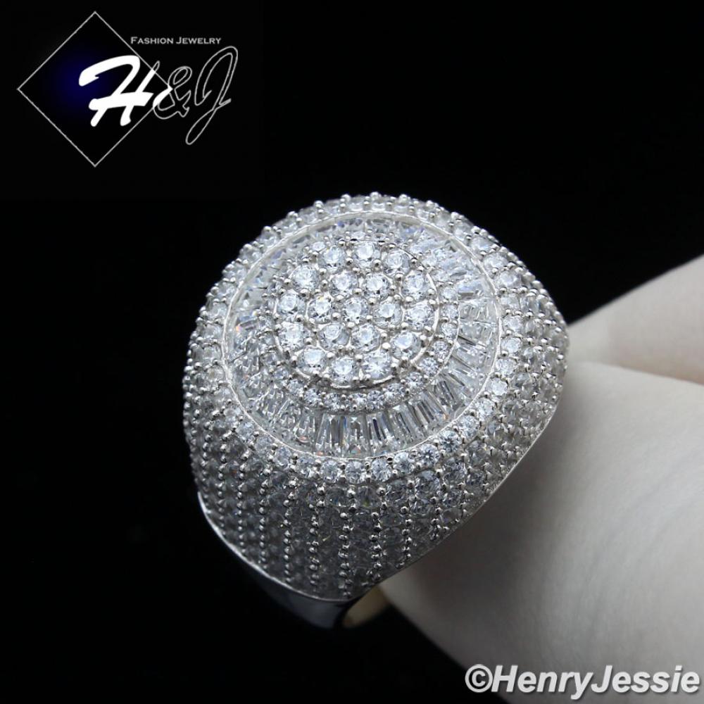 MEN 925 STERLING SILVER ICY BAGUETT DIAMOND BLING 3D SILVER ROUND RING*SR176