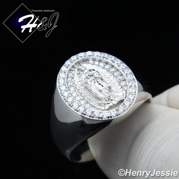 MEN 925 STERLING SILVER ICY BLING DIAMOND VIRGIN MARY SILVER OVAL RING*SR171