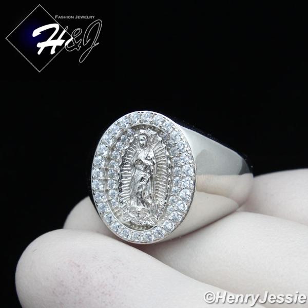 MEN 925 STERLING SILVER ICY BLING DIAMOND VIRGIN MARY SILVER OVAL RING*SR171