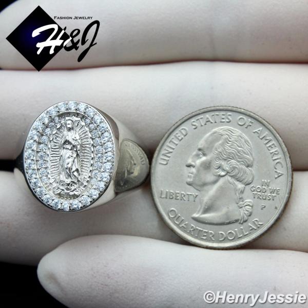 MEN 925 STERLING SILVER ICY BLING DIAMOND VIRGIN MARY SILVER OVAL RING*SR171