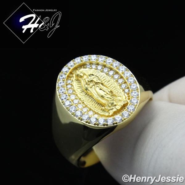 MEN 925 STERLING SILVER ICY BLING DIAMOND VIRGIN MARY GOLD OVAL RING*GR171