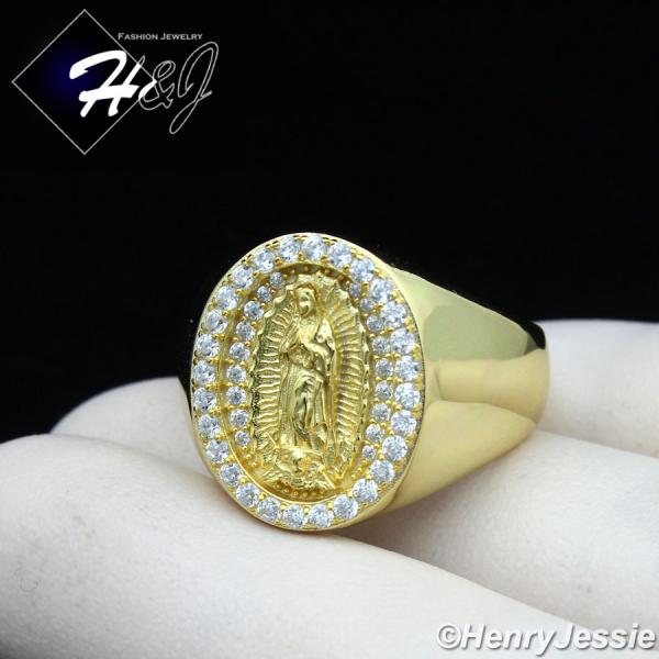 MEN 925 STERLING SILVER ICY BLING DIAMOND VIRGIN MARY GOLD OVAL RING*GR171