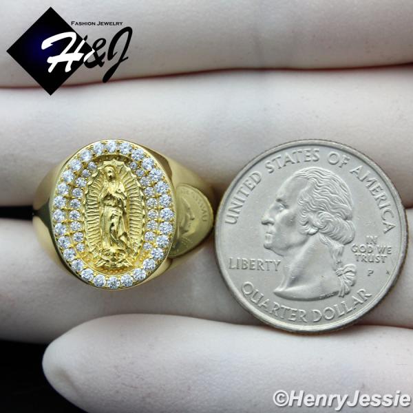 MEN 925 STERLING SILVER ICY BLING DIAMOND VIRGIN MARY GOLD OVAL RING*GR171