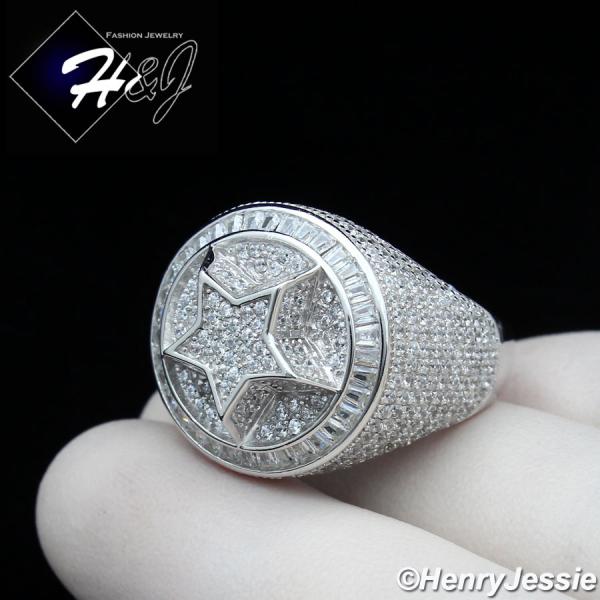 MEN 925 STERLING SILVER ICY DIAMOND BLING 3D STAR SILVER ROUND RING*SR172