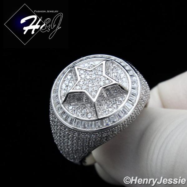 MEN 925 STERLING SILVER ICY DIAMOND BLING 3D STAR SILVER ROUND RING*SR172