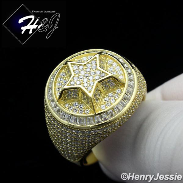 MEN 925 STERLING SILVER ICY DIAMOND BLING 3D STAR GOLD ROUND RING*SR172