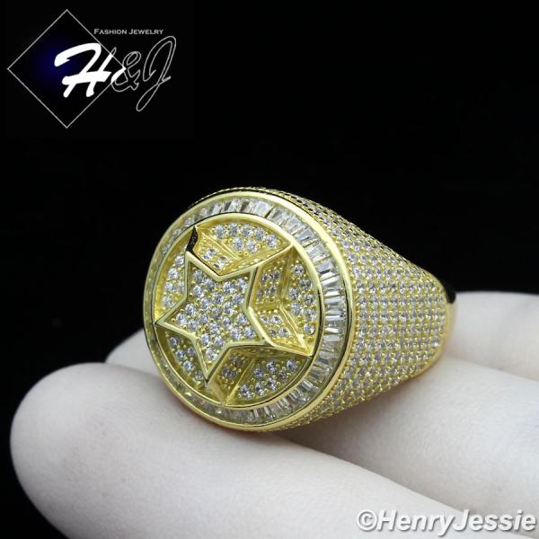 MEN 925 STERLING SILVER ICY DIAMOND BLING 3D STAR GOLD ROUND RING*SR172
