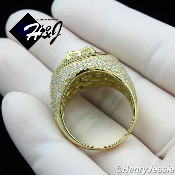 MEN 925 STERLING SILVER ICY DIAMOND BLING 3D STAR GOLD ROUND RING*SR172
