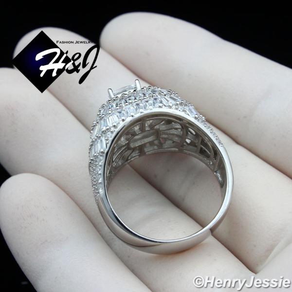 MEN 925 STERLING SILVER ICY BAGUETTE DIAMOND BLING 3D SILVER SQUARE RING*SR173