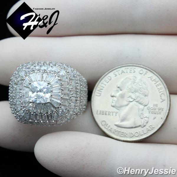 MEN 925 STERLING SILVER ICY BAGUETTE DIAMOND BLING 3D SILVER SQUARE RING*SR173