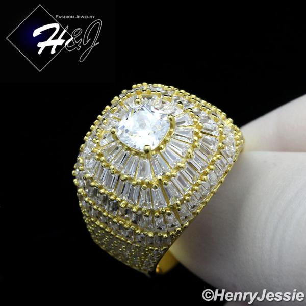 MEN 925 STERLING SILVER ICY BAGUETTE DIAMOND BLING 3D GOLD SQUARE RING*SR173