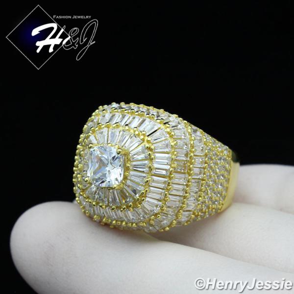 MEN 925 STERLING SILVER ICY BAGUETTE DIAMOND BLING 3D GOLD SQUARE RING*SR173