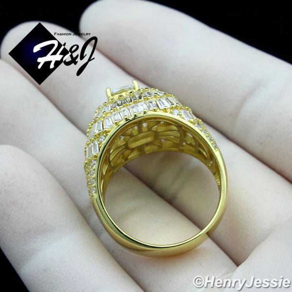 MEN 925 STERLING SILVER ICY BAGUETTE DIAMOND BLING 3D GOLD SQUARE RING*SR173