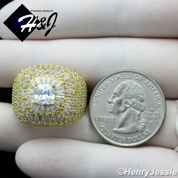 MEN 925 STERLING SILVER ICY BAGUETTE DIAMOND BLING 3D GOLD SQUARE RING*SR173