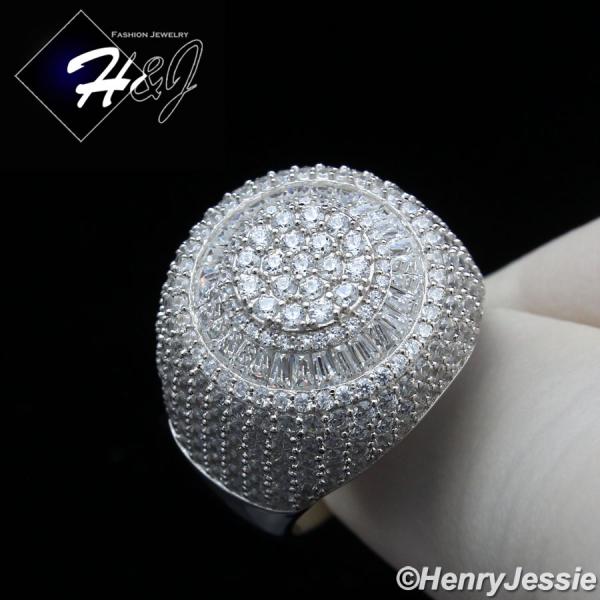 MEN 925 STERLING SILVER ICY BAGUETT DIAMOND BLING 3D SILVER ROUND RING*SR176