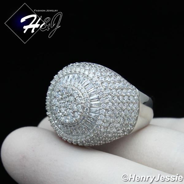 MEN 925 STERLING SILVER ICY BAGUETT DIAMOND BLING 3D SILVER ROUND RING*SR176