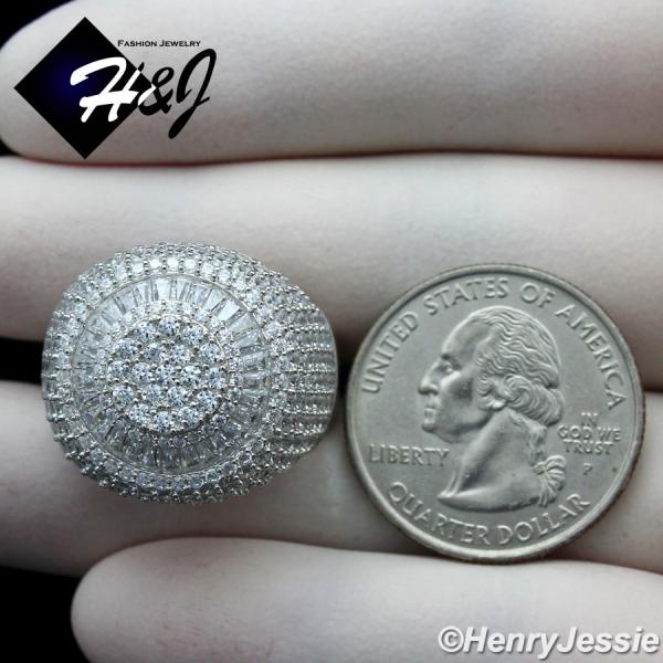 MEN 925 STERLING SILVER ICY BAGUETT DIAMOND BLING 3D SILVER ROUND RING*SR176
