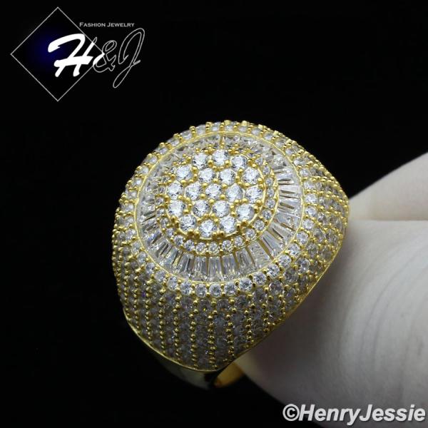 MEN 925 STERLING SILVER ICY BAGUETT DIAMOND BLING 3D GOLD ROUND RING*GR176