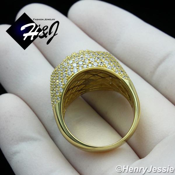 MEN 925 STERLING SILVER ICY BAGUETT DIAMOND BLING 3D GOLD ROUND RING*GR176
