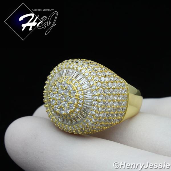 MEN 925 STERLING SILVER ICY BAGUETT DIAMOND BLING 3D GOLD ROUND RING*GR176