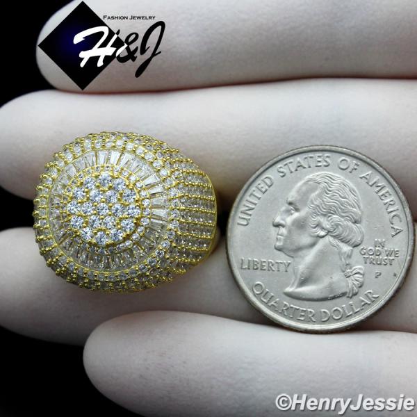 MEN 925 STERLING SILVER ICY BAGUETT DIAMOND BLING 3D GOLD ROUND RING*GR176
