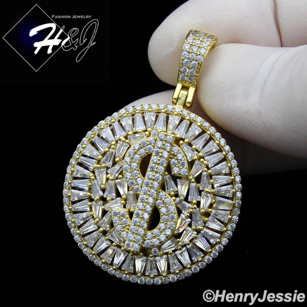 MEN 925 STERLING SILVER ICY BAGUETTE DIAMOND GOLD 3D DOLLAR $ SIGN ROUND PENDANT*SP366