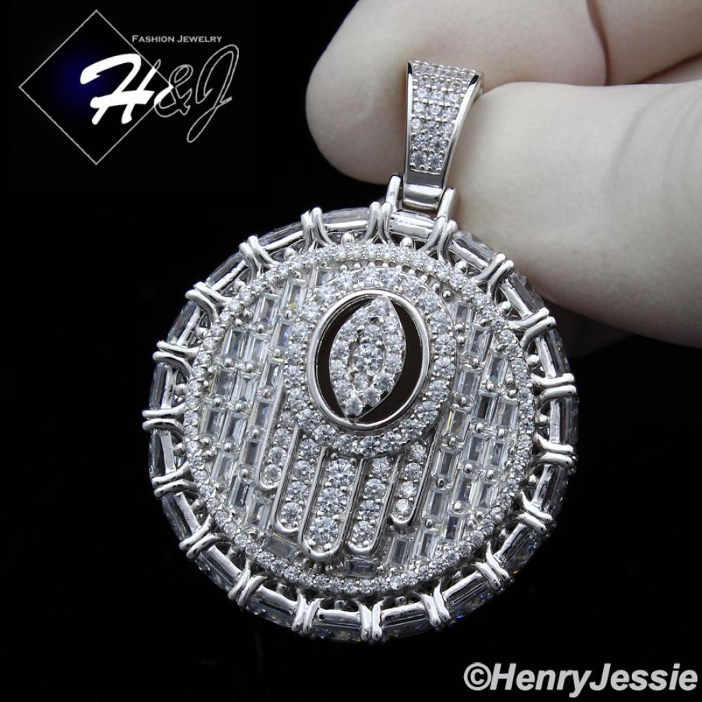 MEN 925 STERLING SILVER ICY BAGUETTE DIAMOND SILVER 3D EVIL EYE HAMSA HAND ROUND PENDANT*SP367