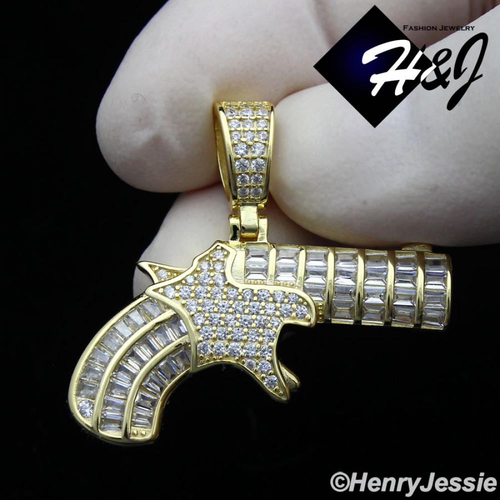 MEN WOMEN 925 STERLING SILVER ICY BLING DIAMOND GOLD 3D "GUN" SHAPE CHARM PENDANT*SP369