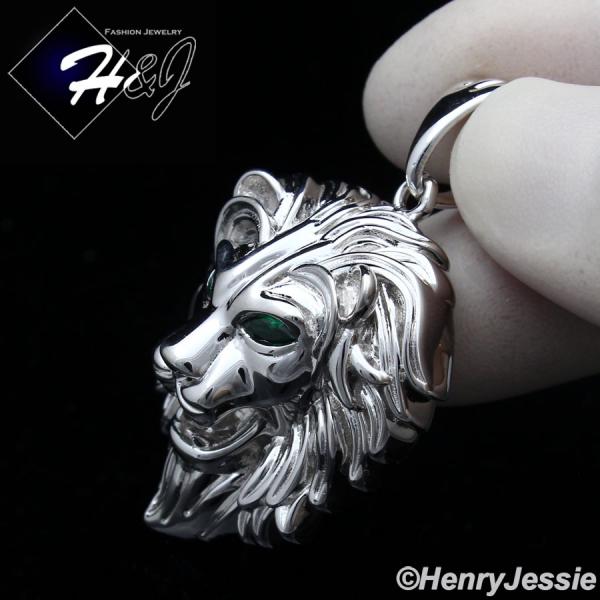 MEN 925 STERLING SILVER PLAIN GREEN EYE 3D SILVER LION HEAD CHARM PENDANT*SP364