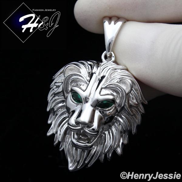 MEN 925 STERLING SILVER PLAIN GREEN EYE 3D SILVER LION HEAD CHARM PENDANT*SP364