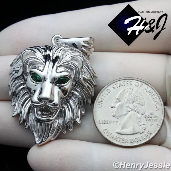 MEN 925 STERLING SILVER PLAIN GREEN EYE 3D SILVER LION HEAD CHARM PENDANT*SP364